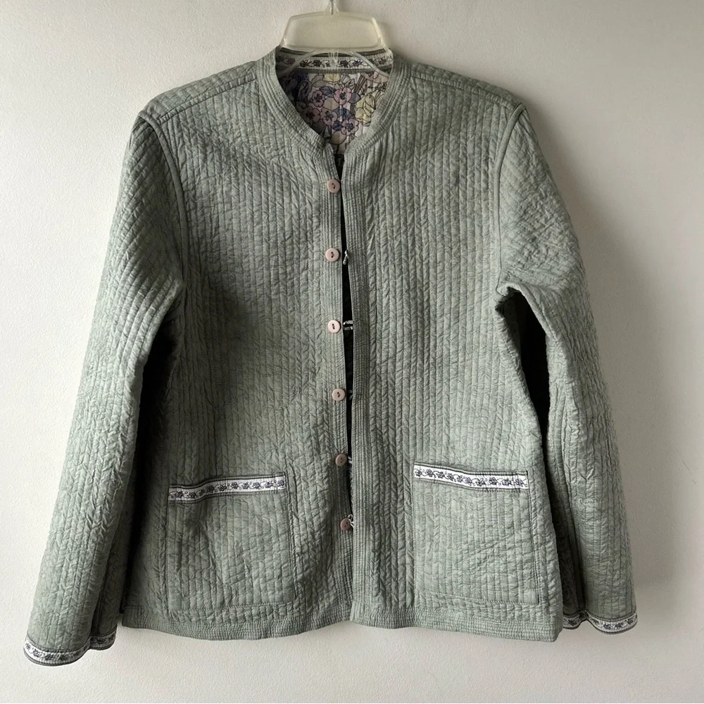 Cottagecore Floral Quilted Reversible Jacket Coat Large Green Pink Yellow Purple